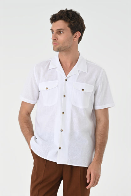 Men's White Camp Collar Pocket Detailed Shirt