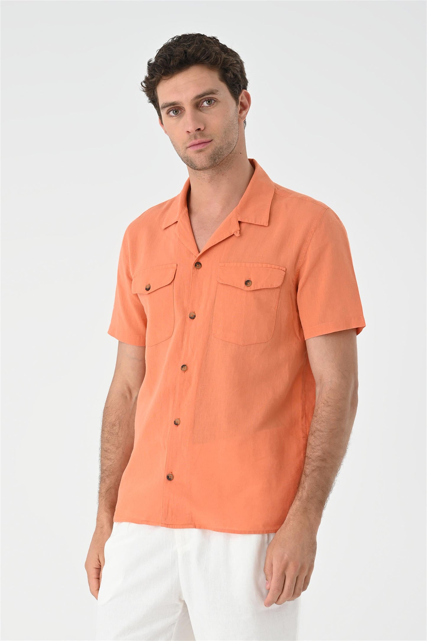 Men's Orange Camp Collar Pocket Detailed Shirt