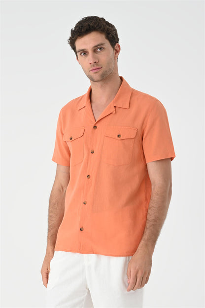 Men's Orange Camp Collar Pocket Detailed Shirt