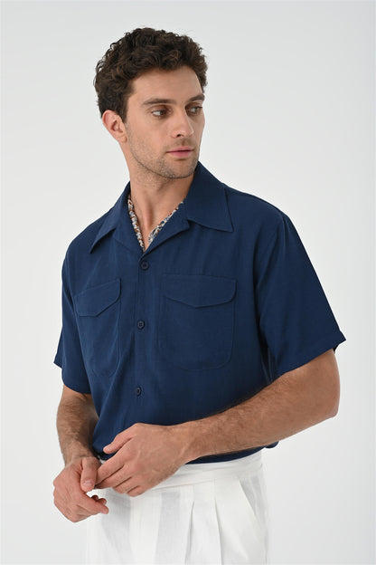 Men's Navy Blue Camp Collar Pocket Detailed Shirt