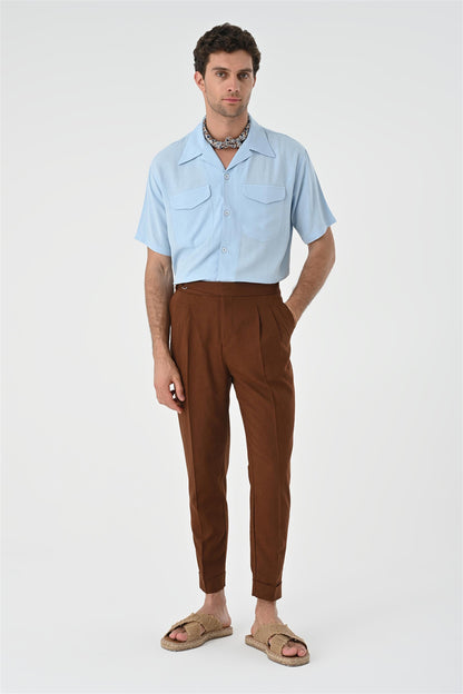 Men's Blue Camp Collar Pocket Detailed Shirt