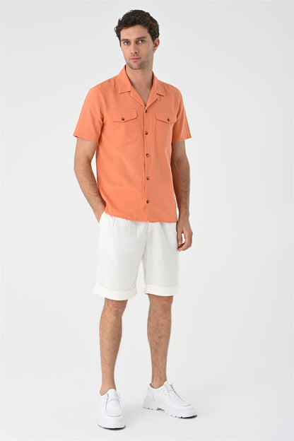 Men's Orange Camp Collar Pocket Detailed Shirt
