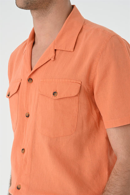 Men's Orange Camp Collar Pocket Detailed Shirt