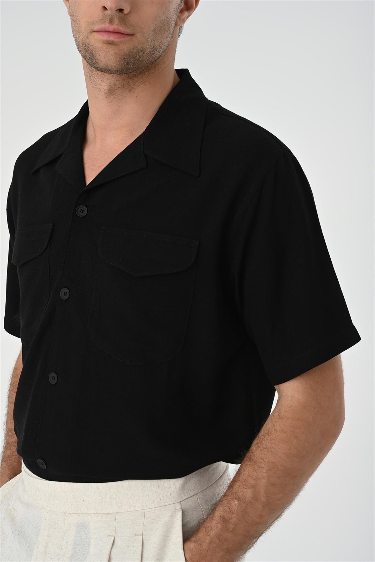 Men's Black Camp Collar Pocket Detailed Shirt