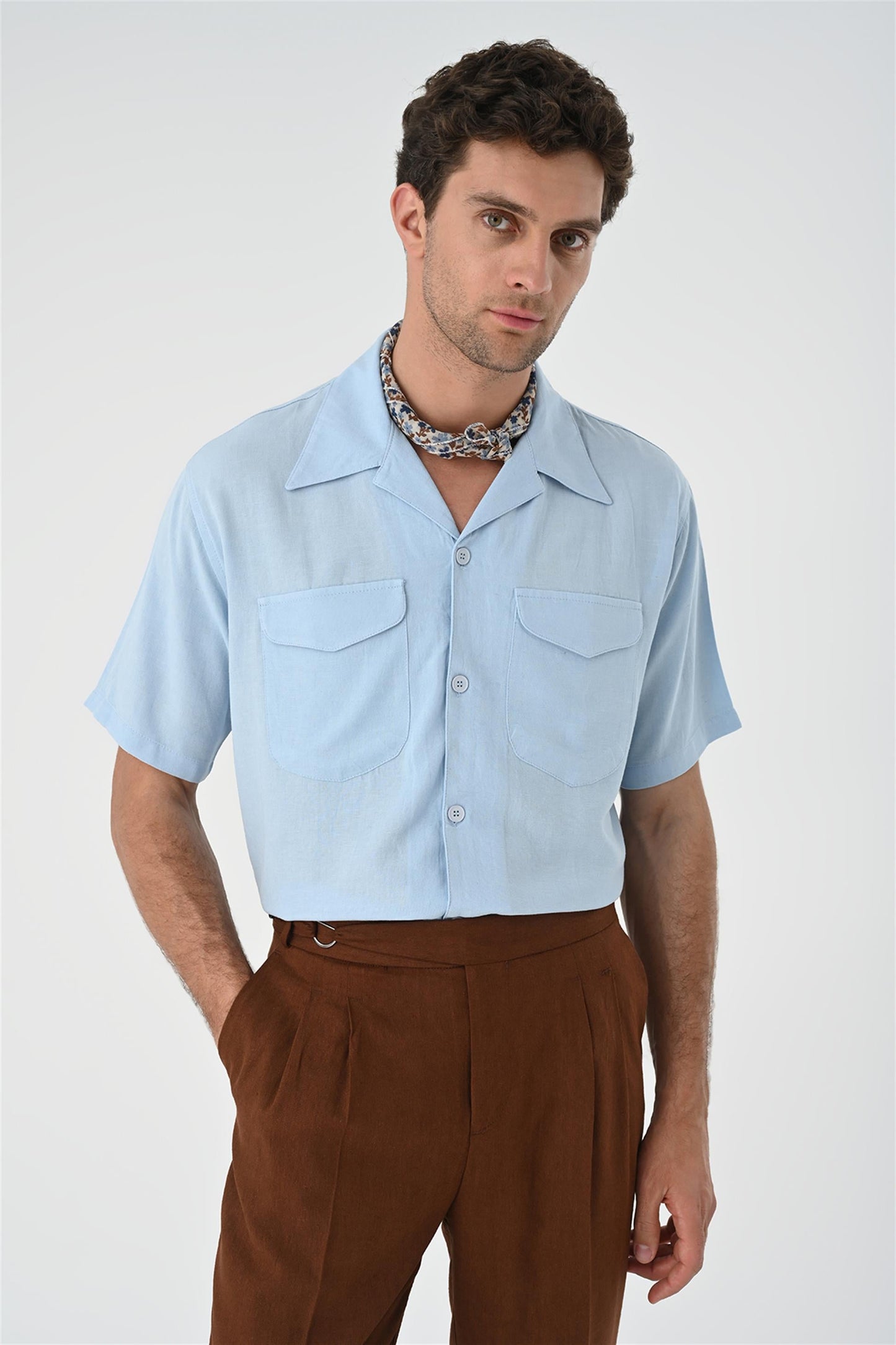Men's Blue Camp Collar Pocket Detailed Shirt