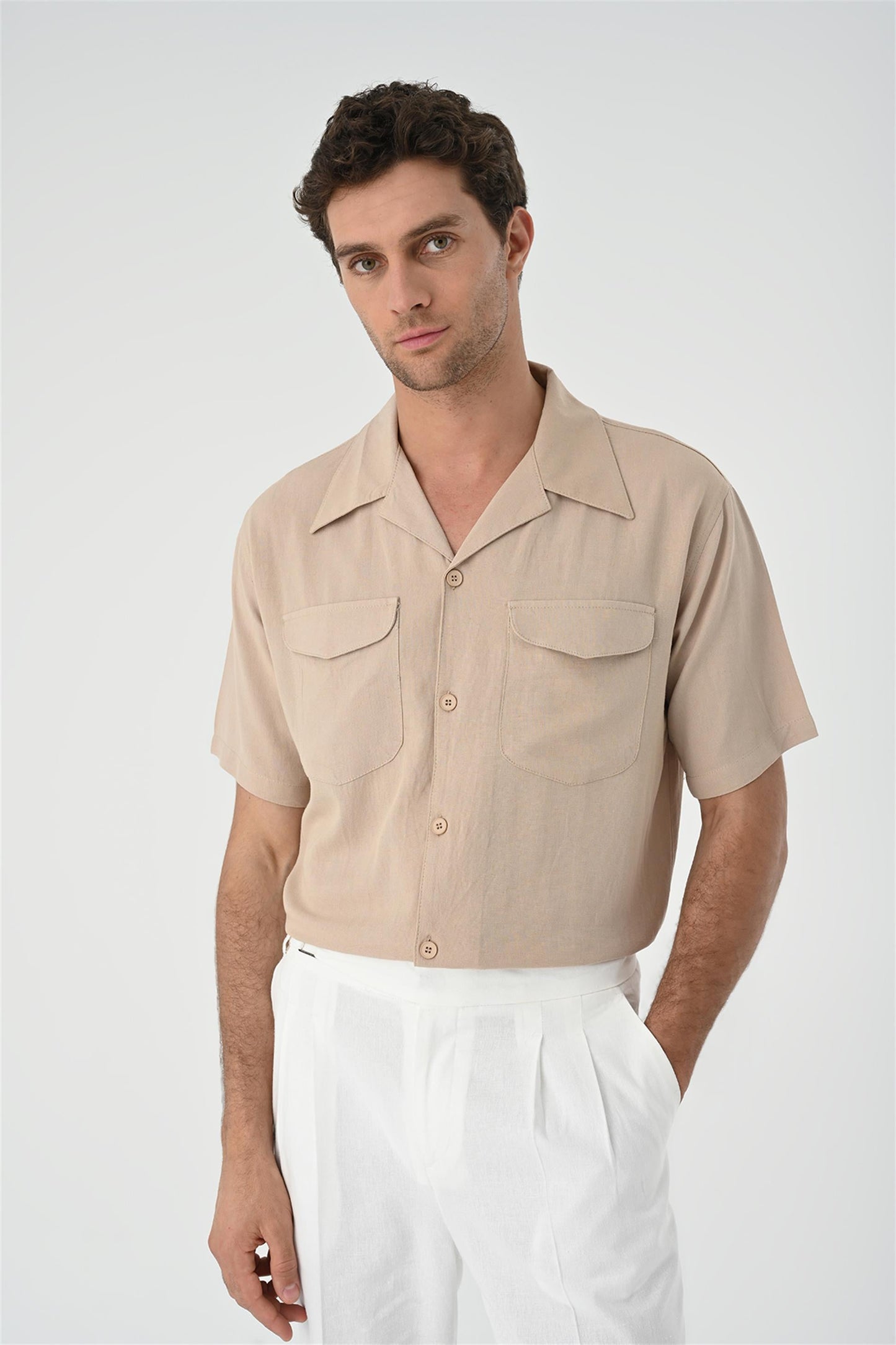 Men's Beige Camp Collar Pocket Detailed Shirt
