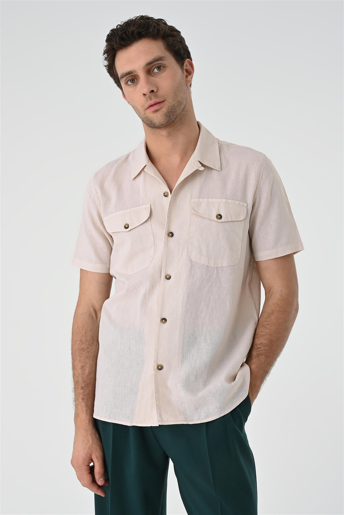 Men's Beige Camp Collar Pocket Detailed Shirt