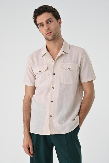 Men's Beige Camp Collar Pocket Detailed Shirt