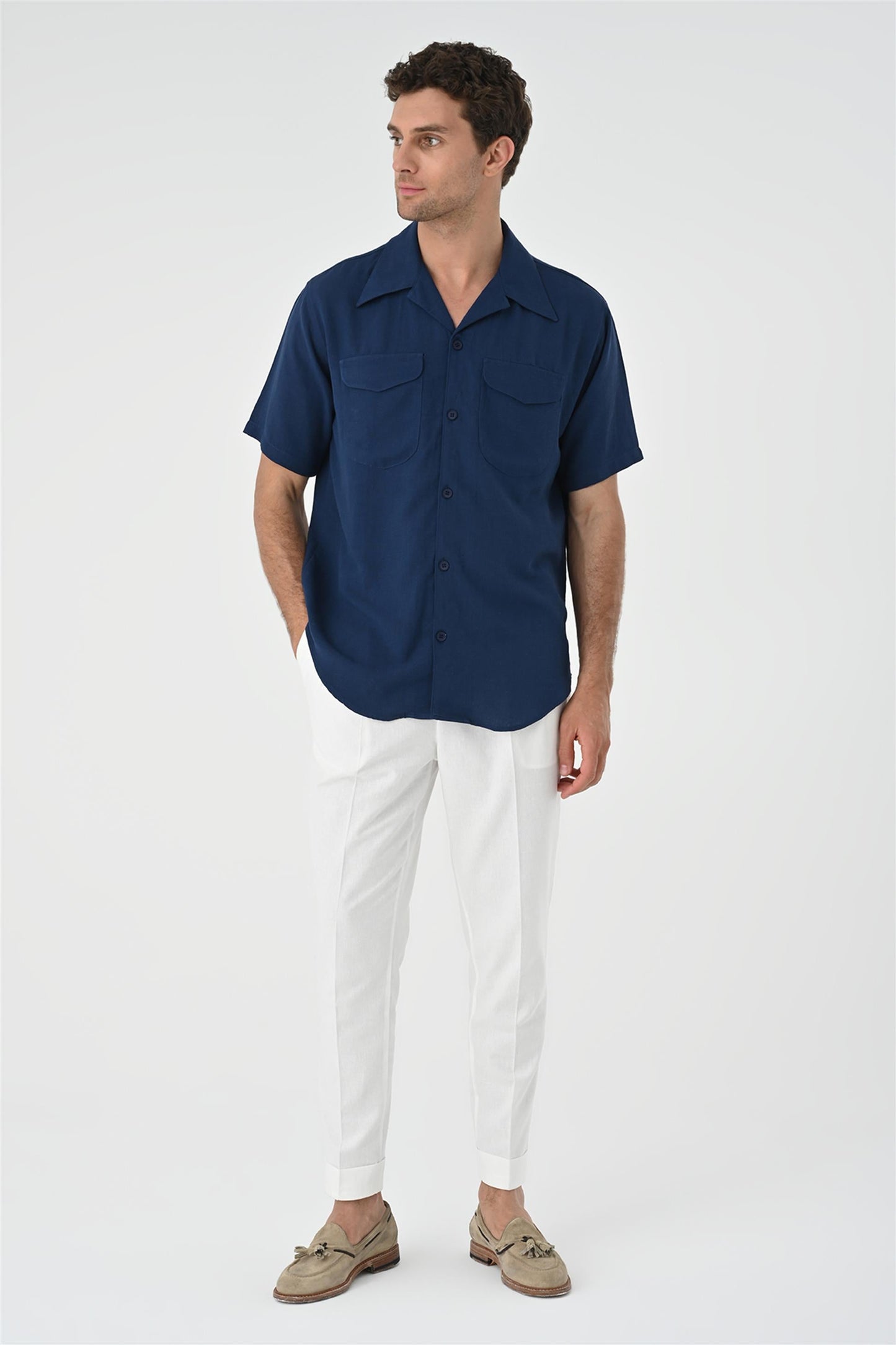 Men's Navy Blue Camp Collar Pocket Detailed Shirt