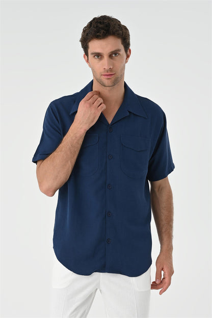 Men's Navy Blue Camp Collar Pocket Detailed Shirt