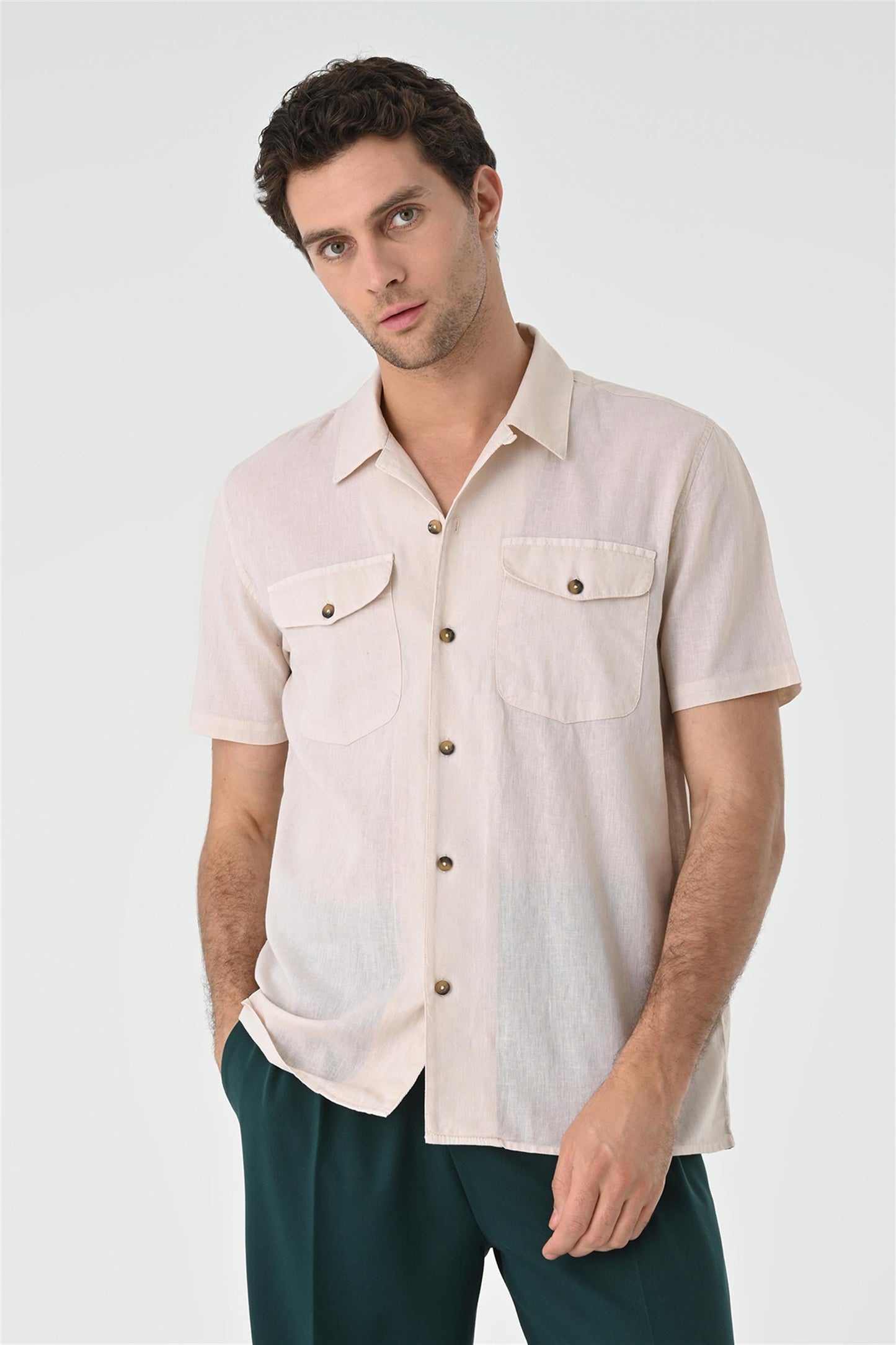 Men's Beige Camp Collar Pocket Detailed Shirt