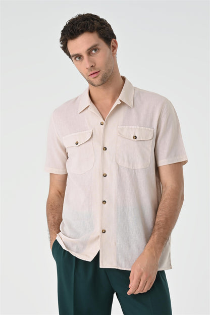 Men's Beige Camp Collar Pocket Detailed Shirt