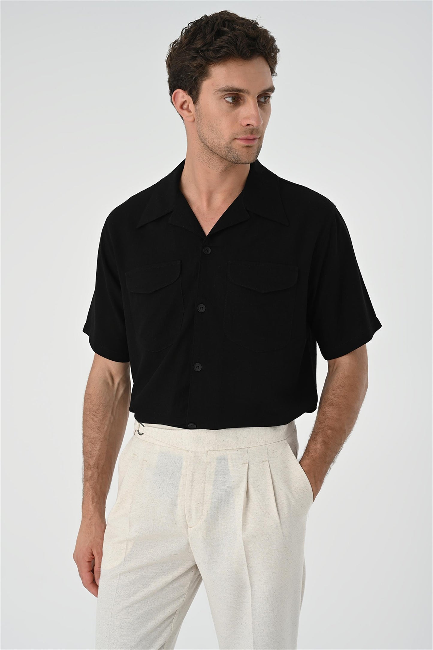 Men's Black Camp Collar Pocket Detailed Shirt