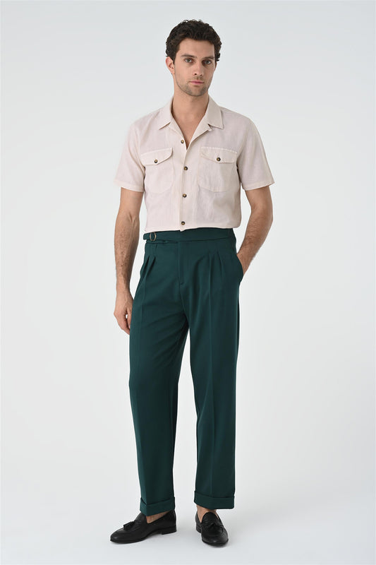 Men's Beige Camp Collar Pocket Detailed Shirt