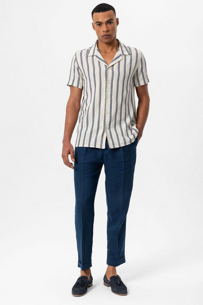 KOALA SYDNEY  Men's Indigo Striped Camp Collar Shirt -