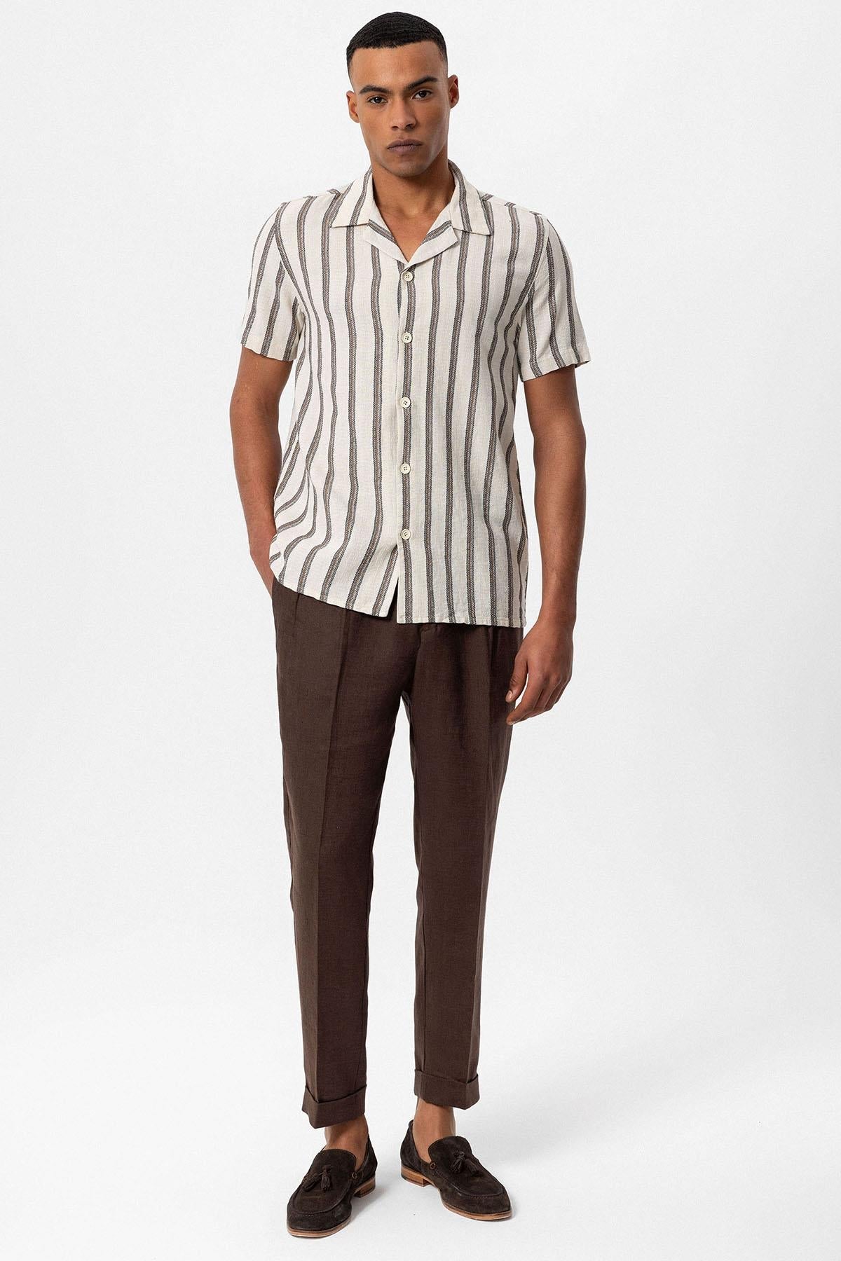 KOALA SYDNEY Men's Brown Striped Camp Collar Shirt