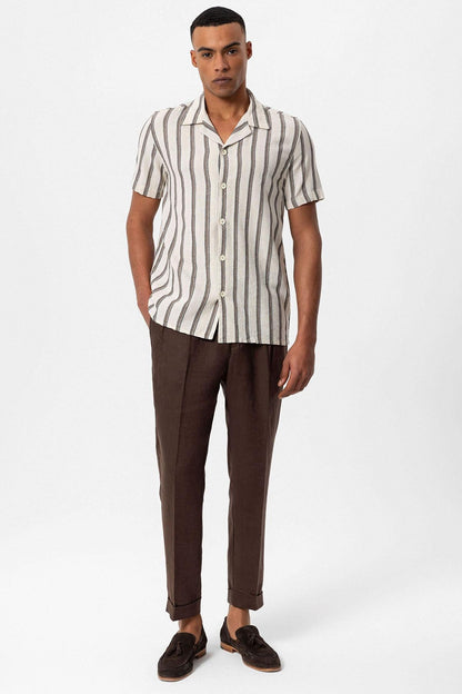 KOALA SYDNEY Men's Brown Striped Camp Collar Shirt