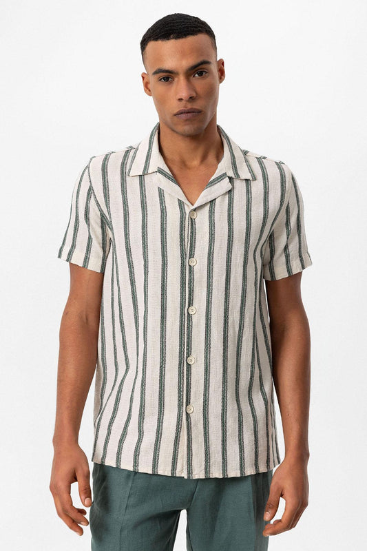 KOALA SYDNEY Men's Green Striped Camp Collar Shirt
