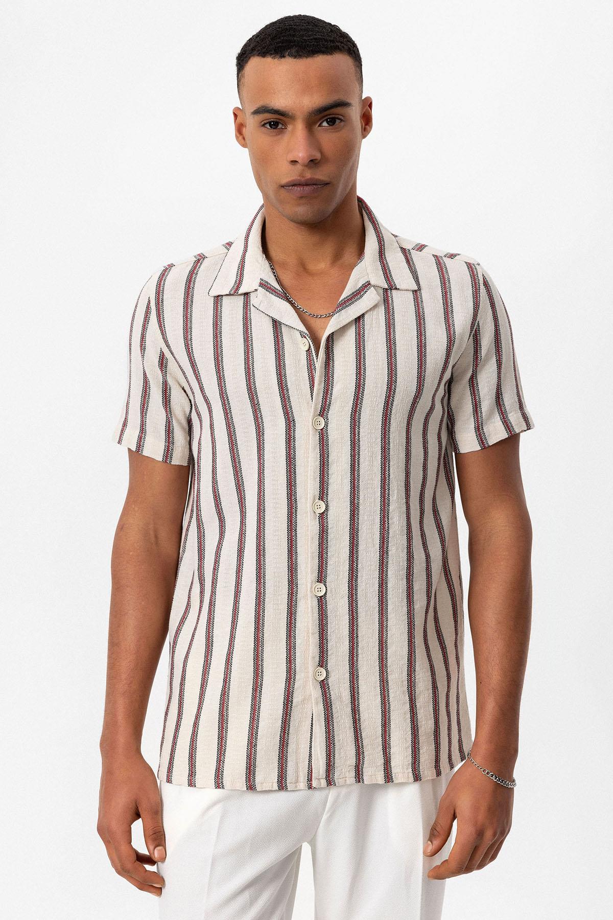 KOALA SYDNEY Men's Burgundy Striped Camp Collar Shirt
