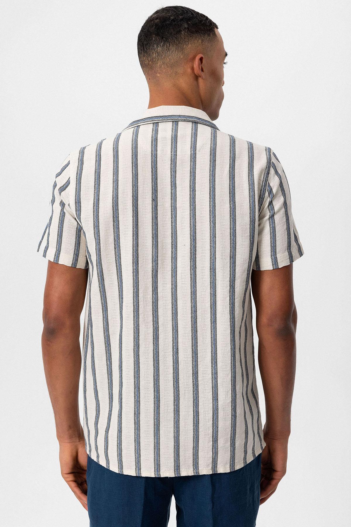 KOALA SYDNEY  Men's Indigo Striped Camp Collar Shirt -