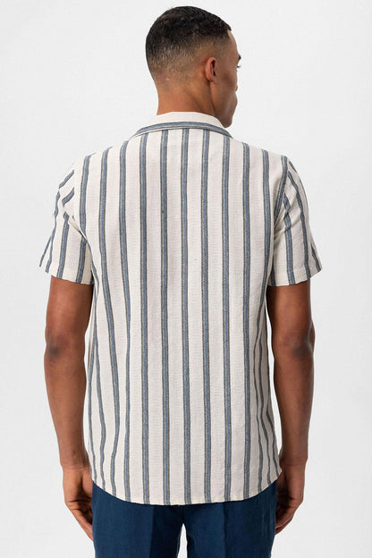 KOALA SYDNEY  Men's Indigo Striped Camp Collar Shirt -