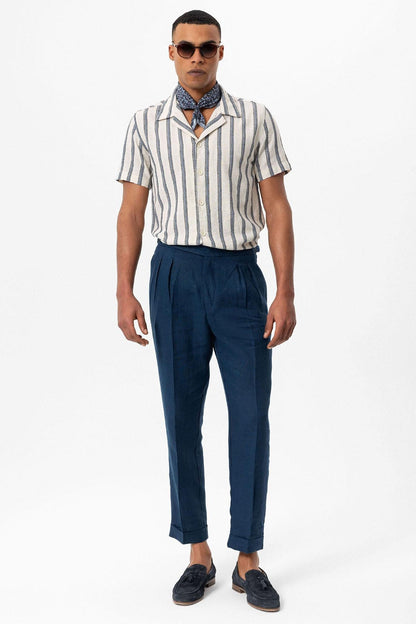 KOALA SYDNEY  Men's Indigo Striped Camp Collar Shirt -