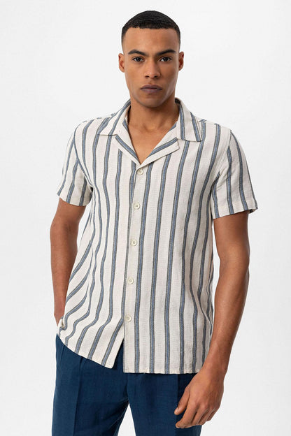 KOALA SYDNEY  Men's Indigo Striped Camp Collar Shirt -