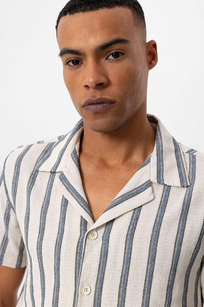 KOALA SYDNEY  Men's Indigo Striped Camp Collar Shirt -