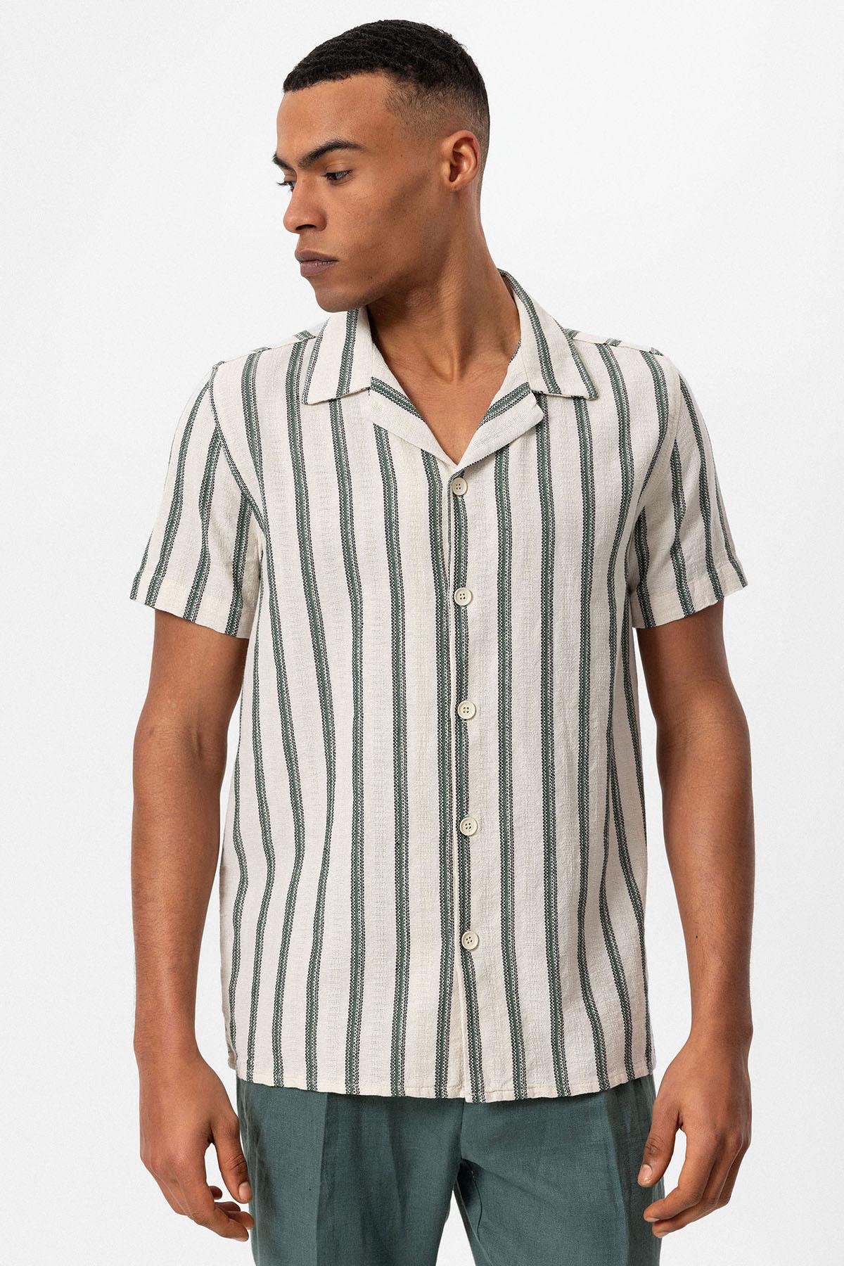 KOALA SYDNEY Men's Green Striped Camp Collar Shirt