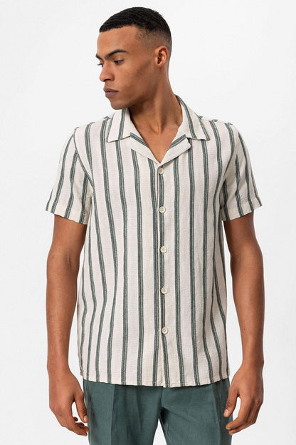 KOALA SYDNEY Men's Green Striped Camp Collar Shirt
