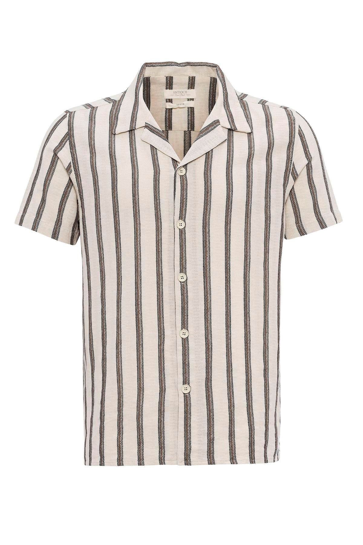 KOALA SYDNEY Men's Brown Striped Camp Collar Shirt