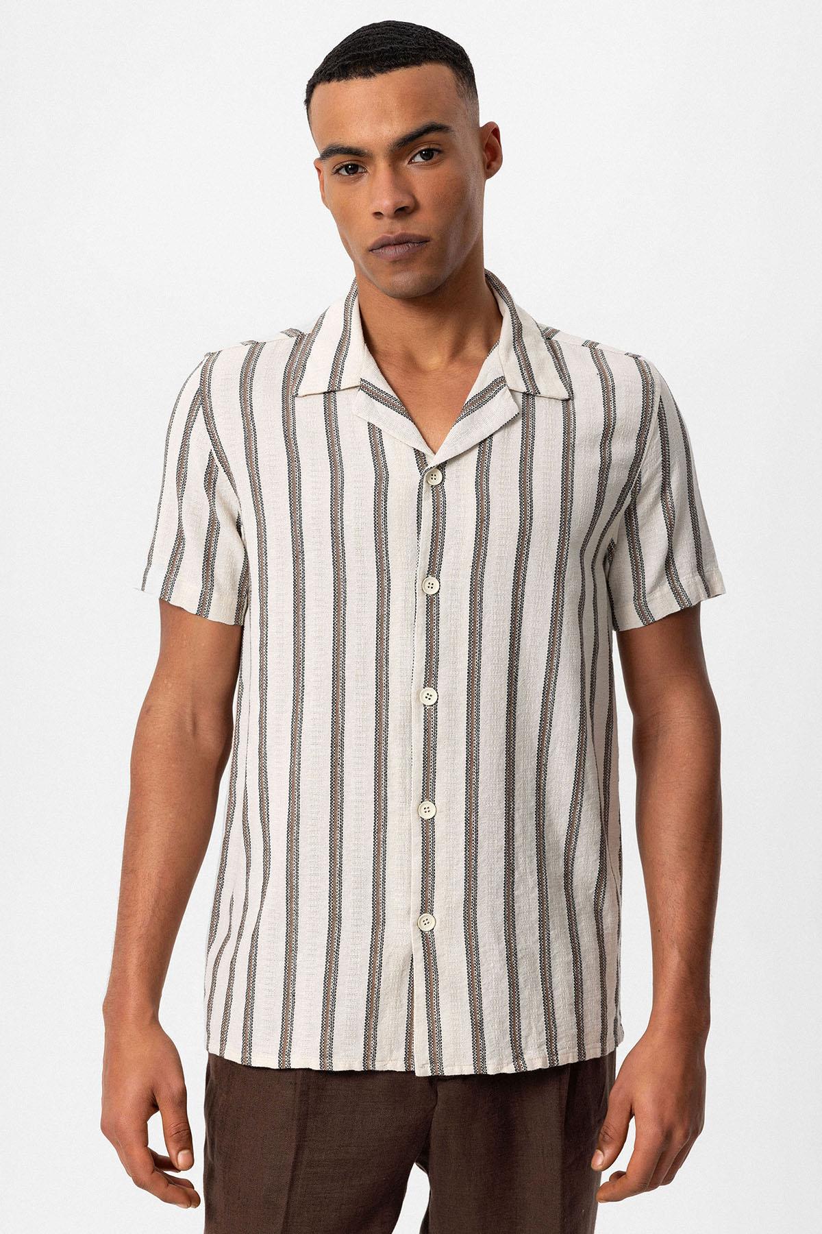 KOALA SYDNEY Men's Brown Striped Camp Collar Shirt