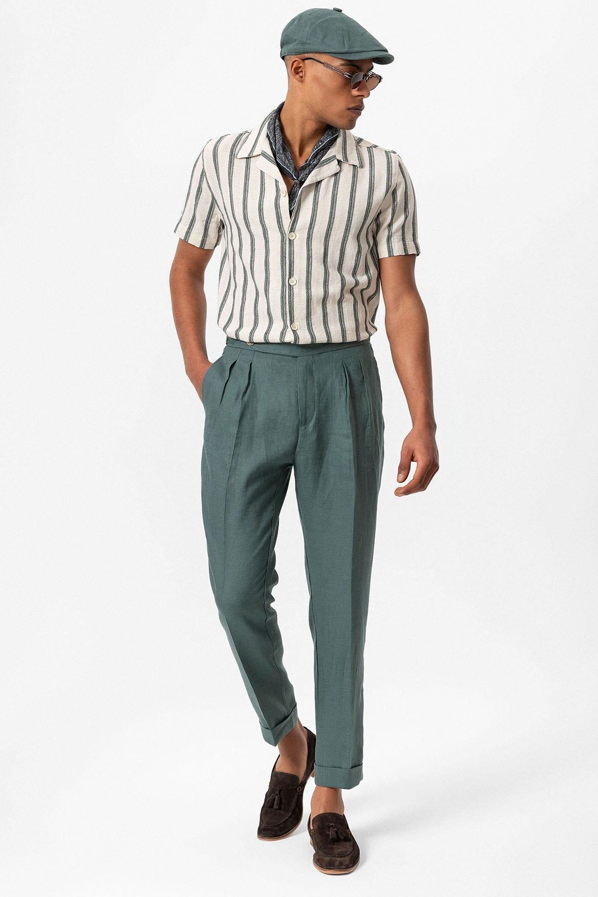KOALA SYDNEY Men's Green Striped Camp Collar Shirt