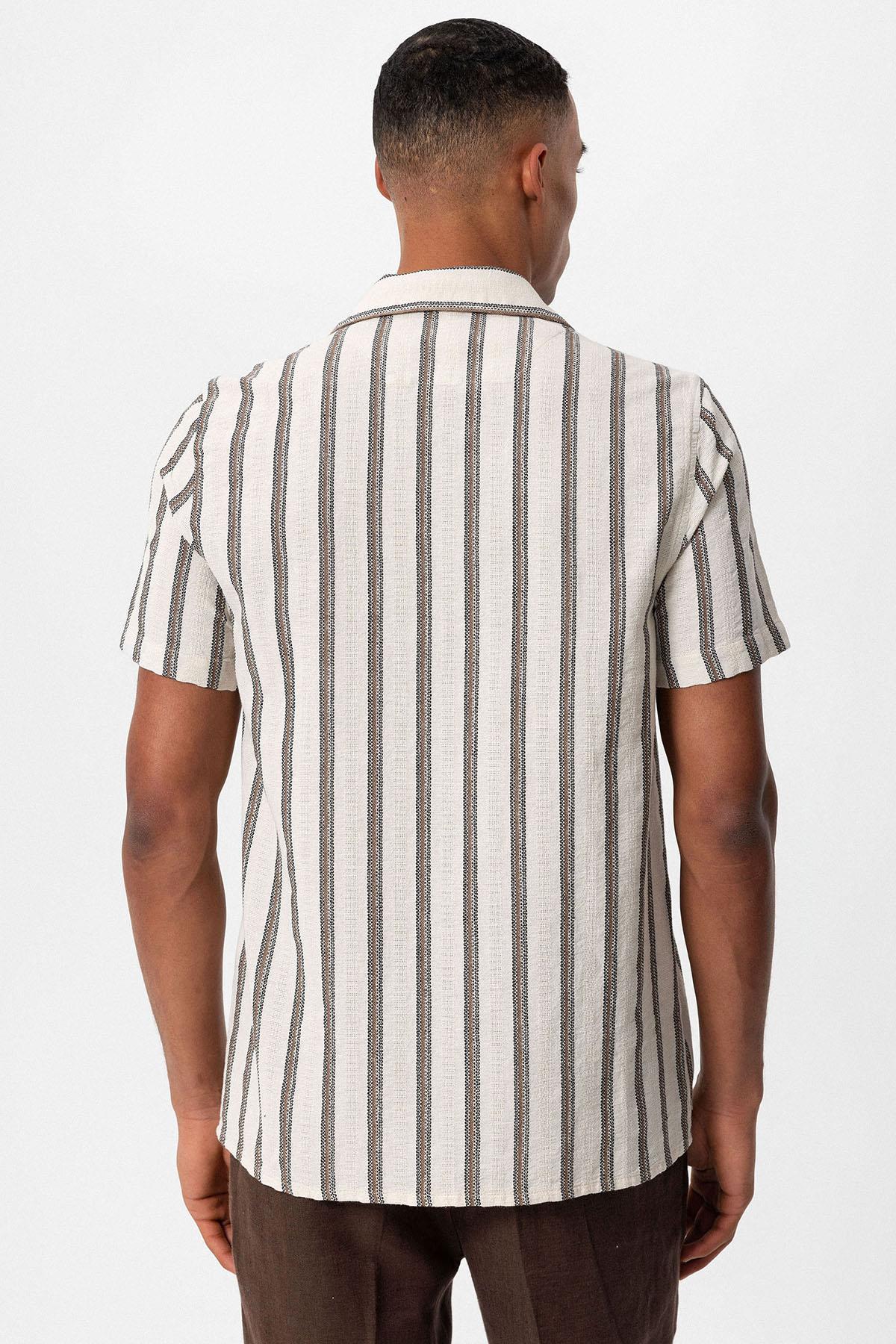 KOALA SYDNEY Men's Brown Striped Camp Collar Shirt