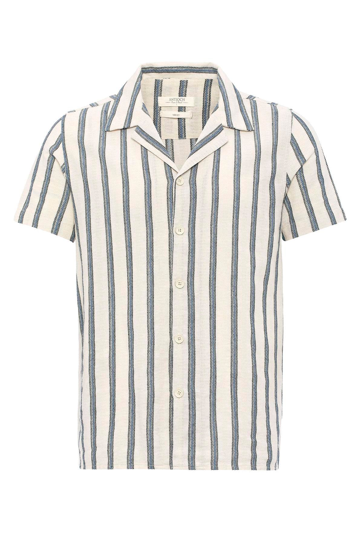 KOALA SYDNEY  Men's Indigo Striped Camp Collar Shirt -