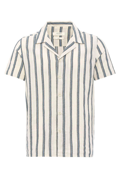 KOALA SYDNEY  Men's Indigo Striped Camp Collar Shirt -