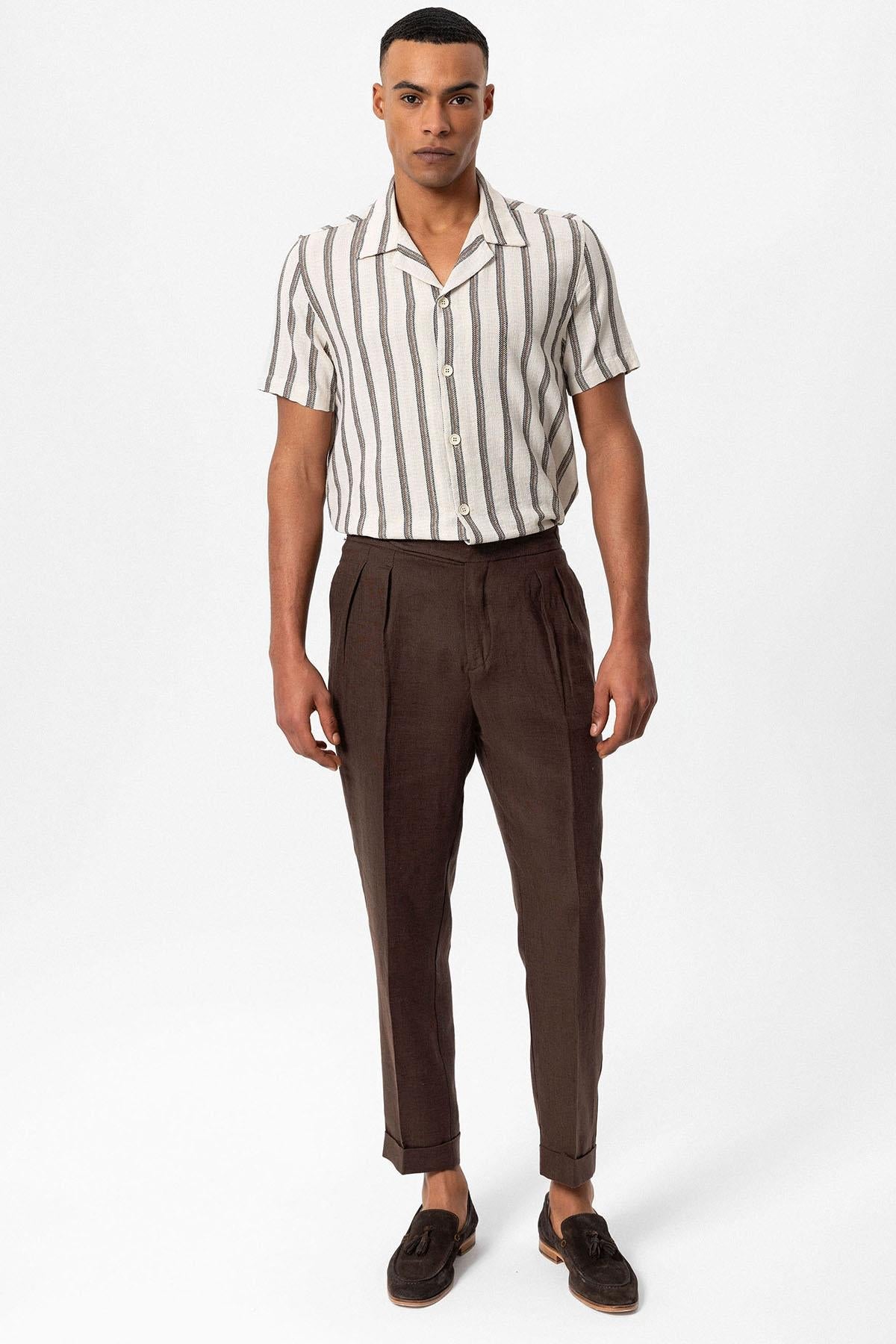 KOALA SYDNEY Men's Brown Striped Camp Collar Shirt