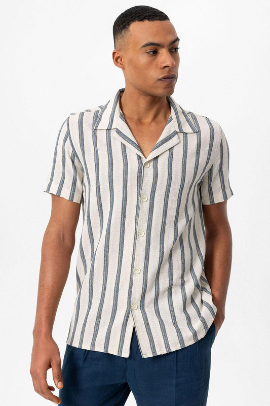 KOALA SYDNEY  Men's Indigo Striped Camp Collar Shirt -