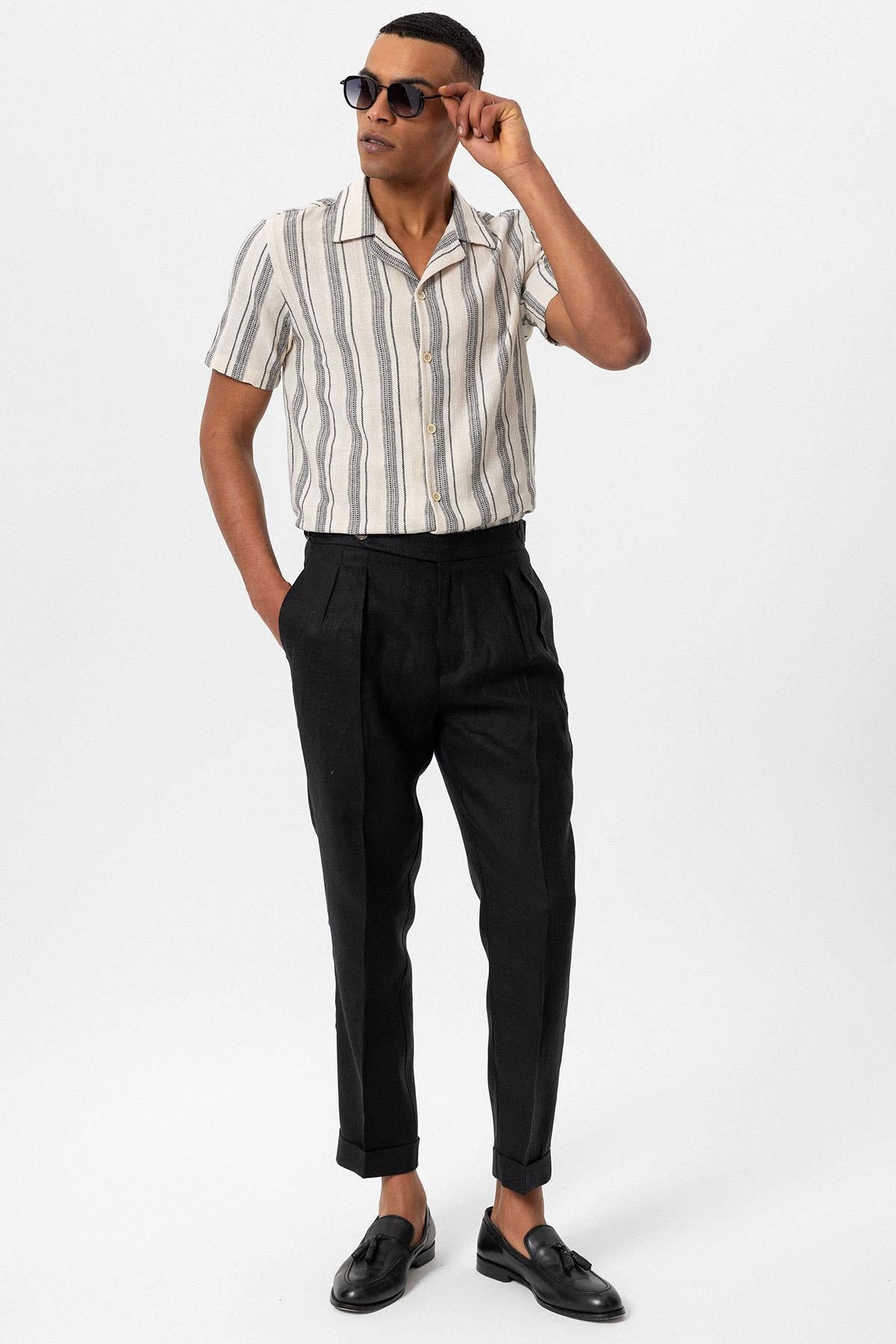 Men's Black Camp Collar Striped Short Sleeve  Shirt - Wessi