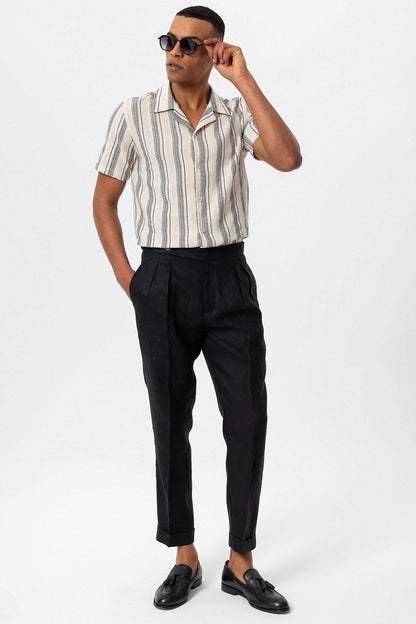 Men's Black Camp Collar Striped Short Sleeve  Shirt - Wessi