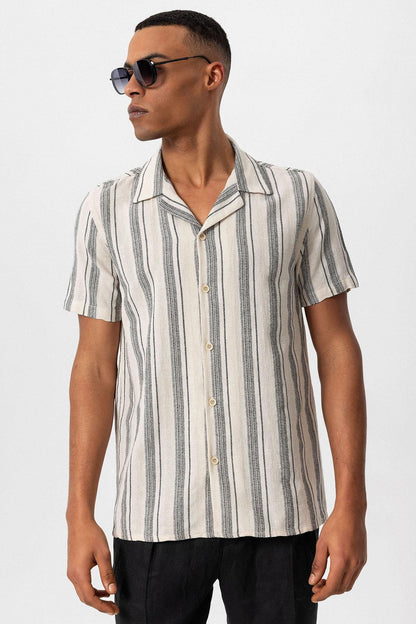 KOALA SYDNEY Men's Black Camp Collar Striped Short Sleeve Shirt