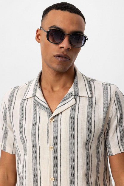 KOALA SYDNEY Men's Black Camp Collar Striped Short Sleeve Shirt