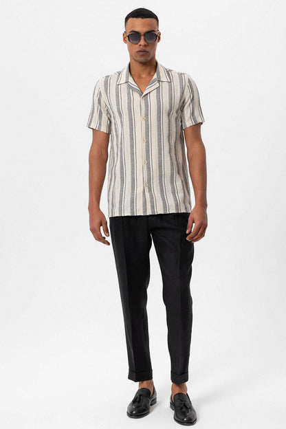 Men's Black Camp Collar Striped Short Sleeve  Shirt - Wessi