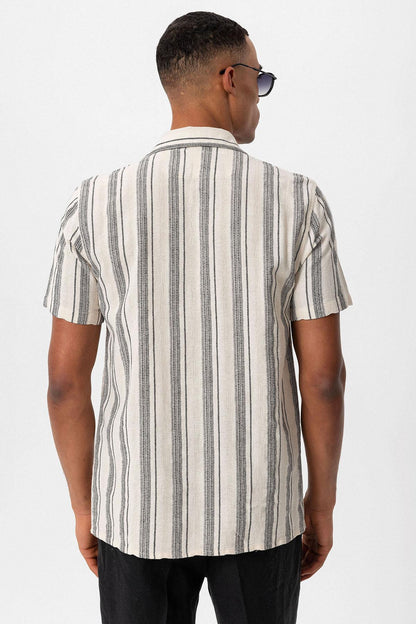 Men's Black Camp Collar Striped Short Sleeve  Shirt - Wessi