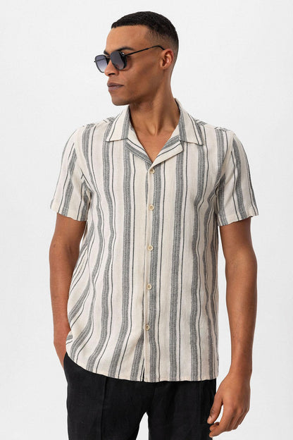 Men's Black Camp Collar Striped Short Sleeve  Shirt - Wessi