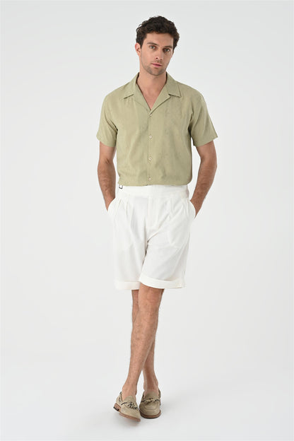 Men's Light Khaki Woven Pattern Open Collar Shirt