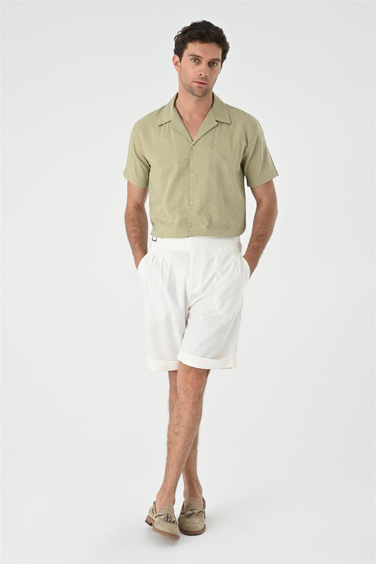 Men's Light Khaki Woven Pattern Open Collar Shirt