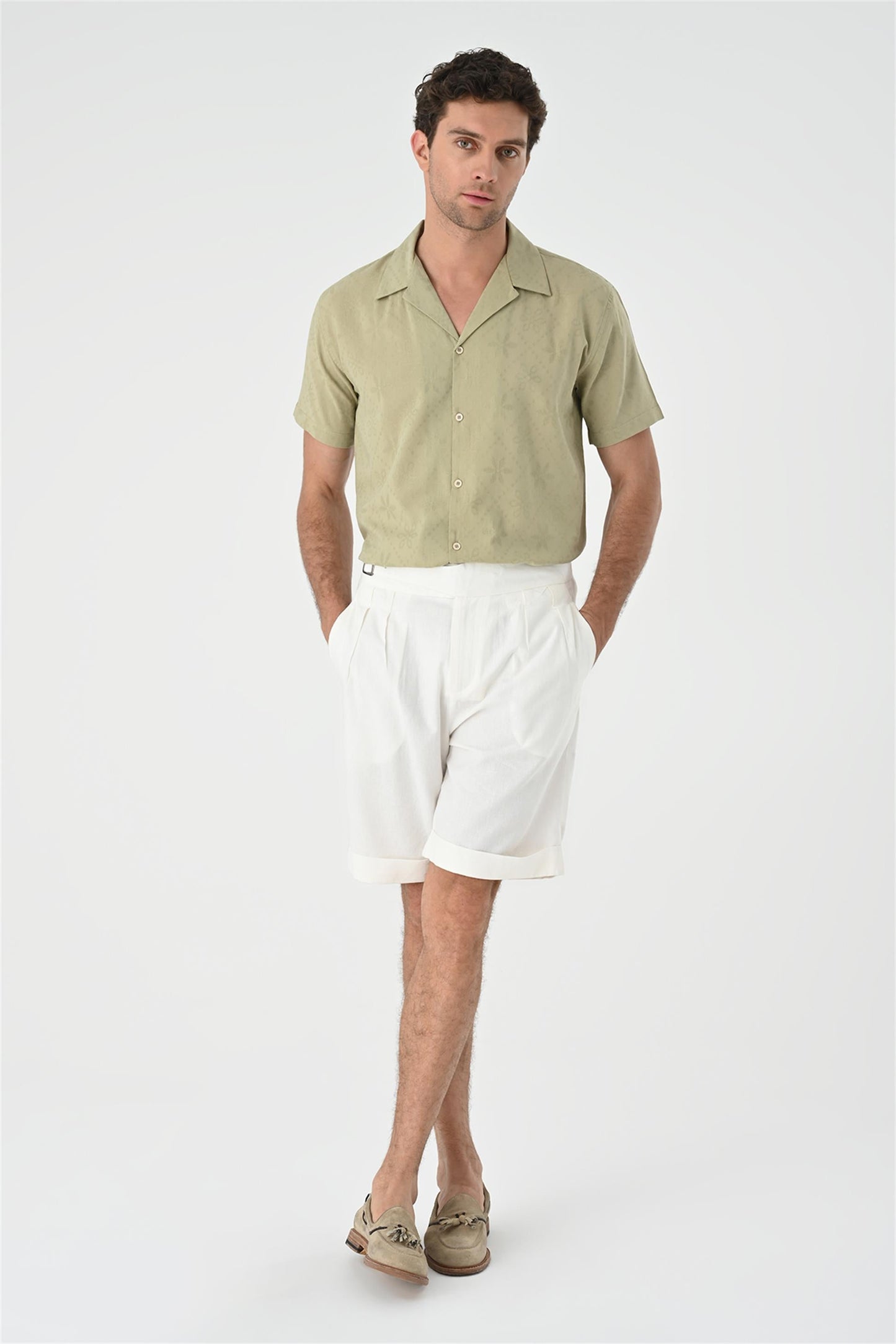 Men's Light Khaki Woven Pattern Open Collar Shirt