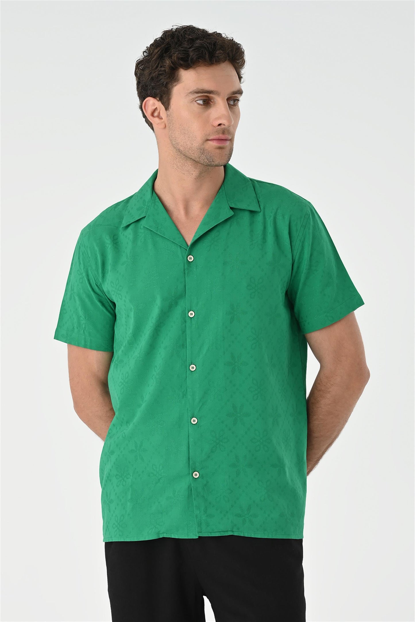 Men's Duck Green Woven Pattern Open Collar Shirt