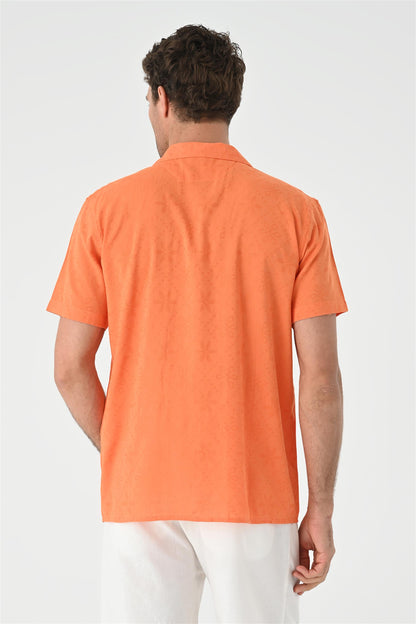 Men's Orange Knitted Patterned Shirt with Camp Collar